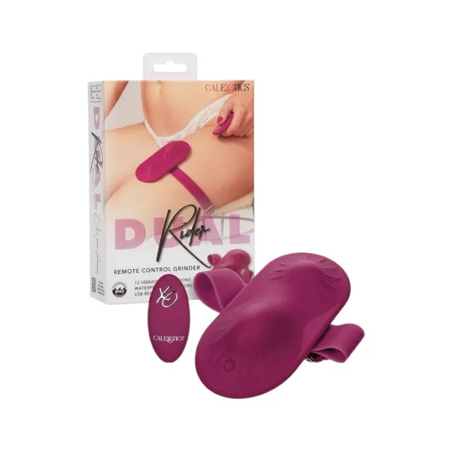 Aparat de masaj intim CALEXOTICS Dual Rider Grinder. cu jartieră detașabilă. control prin telecomandă. 12 funcții de vibrații. mov