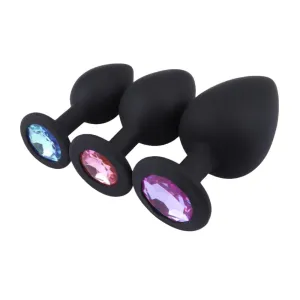 Colorful Jeweled Black Silicone Princess Plugs. 3 Piece Set