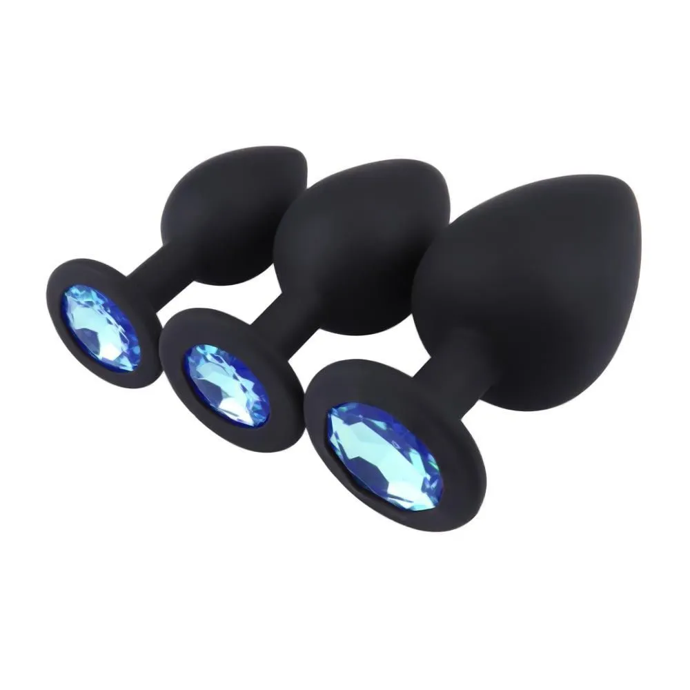 Colorful Jeweled Black Silicone Princess Plugs. 3 Piece Set