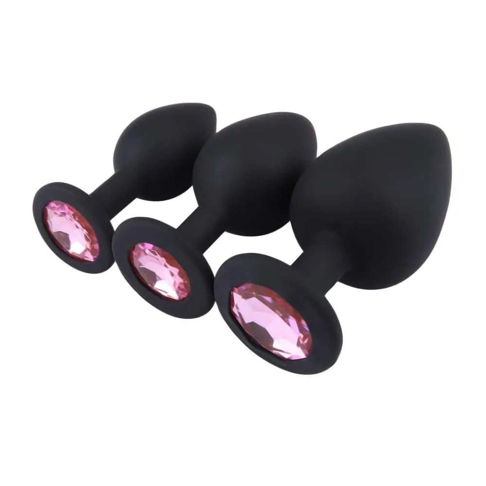 Colorful Jeweled Black Silicone Princess Plugs. 3 Piece Set