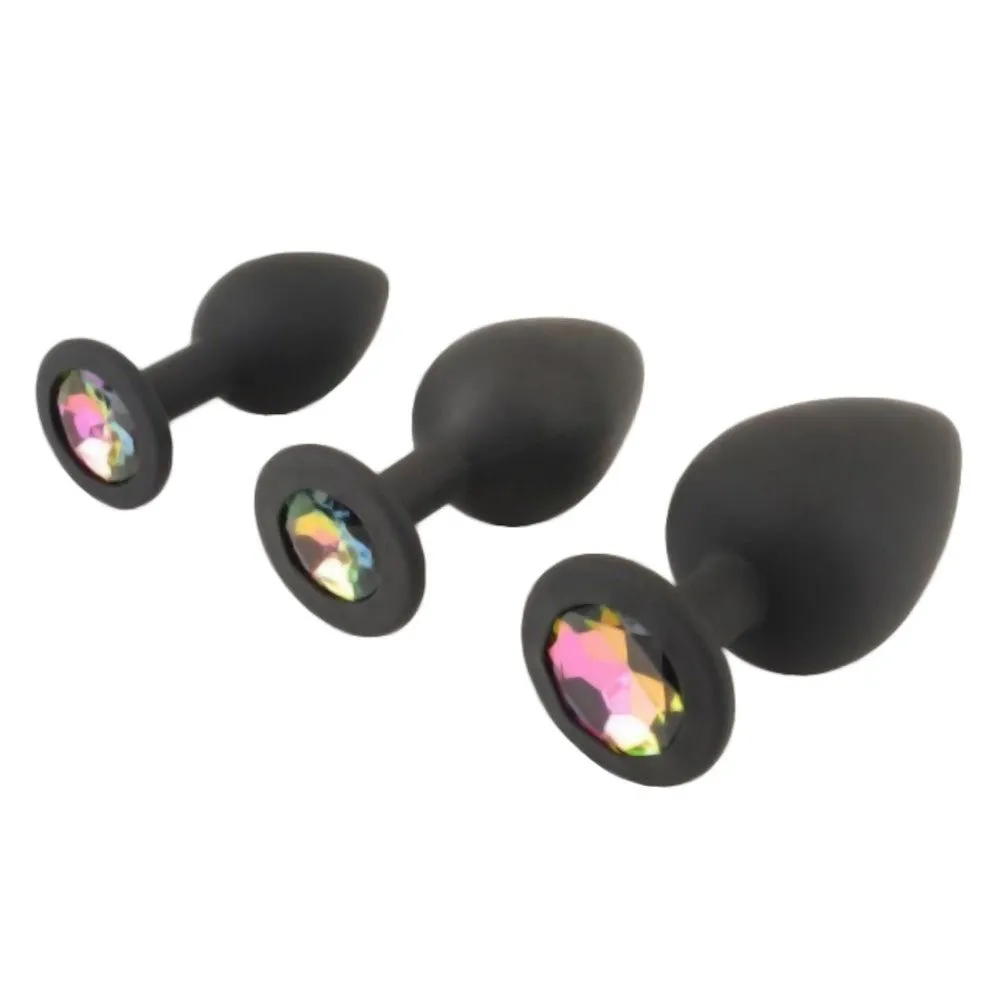 Colorful Jeweled Black Silicone Princess Plugs. 3 Piece Set