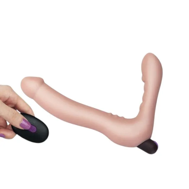 Dildo dublu LOVETOY Joy Strapless. strap-on fără ham. vibrator bullet inclus. cu telecomandă. 10 funcții de vibrație. culoarea pielii