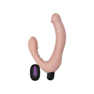 Dildo dublu LOVETOY Joy Strapless. strap-on fără ham. vibrator bullet inclus. cu telecomandă. 10 funcții de vibrație. culoarea pielii