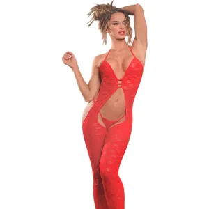 Elawin Lingerie | Open Front Red Flock Body Sock