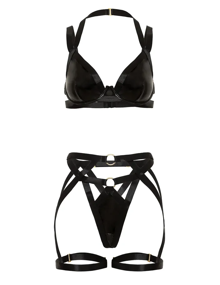 Lover Vinyl & Mesh Multi Strap Bra & Garter Thong Set