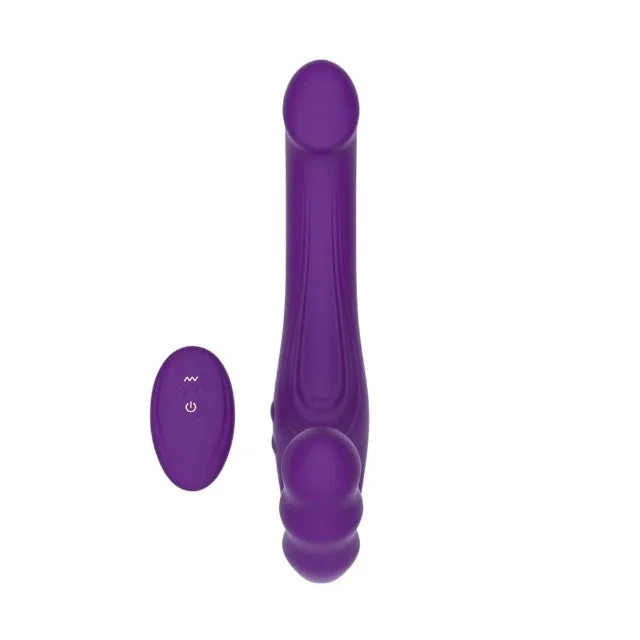 Vibrator dublu MINA Echo Remote. strap-on fără ham. control prin telecomandă. 10 funcții de vibrație. 24 cm. mov