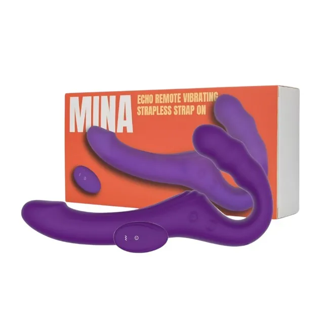 Vibrator dublu MINA Echo Remote. strap-on fără ham. control prin telecomandă. 10 funcții de vibrație. 24 cm. mov