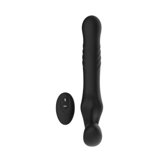 Vibrator dublu MINA Surge Remote. strap-on fără ham. control prin telecomandă. 3 funcții de penetrare automată. 23.8 cm. negru