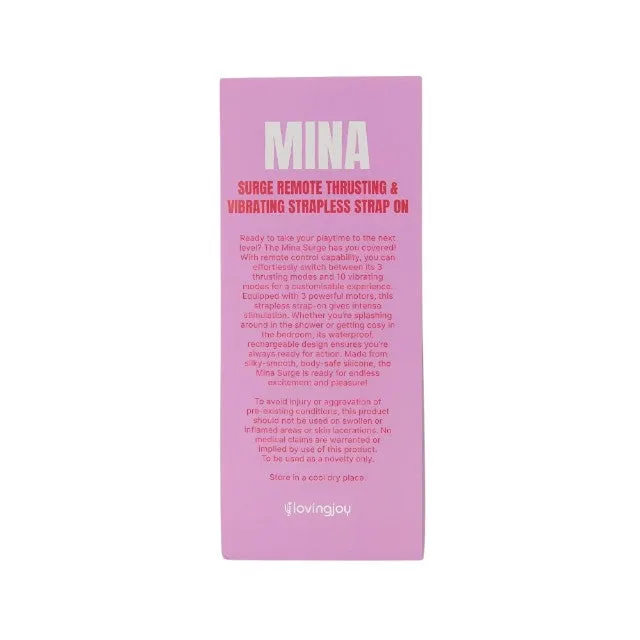 Vibrator dublu MINA Surge Remote. strap-on fără ham. control prin telecomandă. 3 funcții de penetrare automată. 23.8 cm. negru