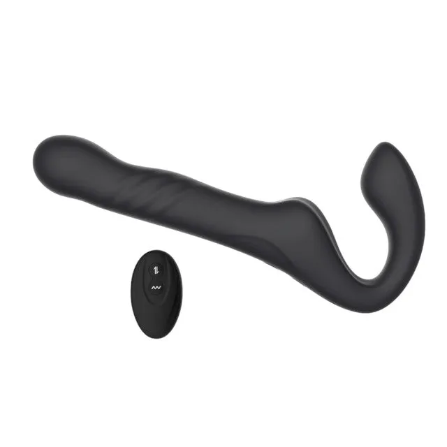 Vibrator dublu MINA Surge Remote. strap-on fără ham. control prin telecomandă. 3 funcții de penetrare automată. 23.8 cm. negru