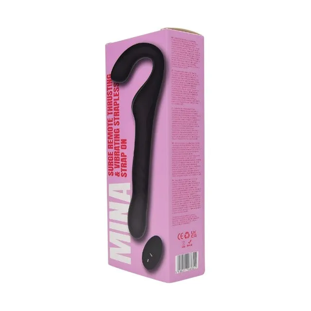 Vibrator dublu MINA Surge Remote. strap-on fără ham. control prin telecomandă. 3 funcții de penetrare automată. 23.8 cm. negru