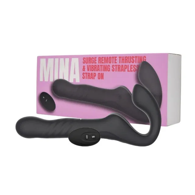 Vibrator dublu MINA Surge Remote. strap-on fără ham. control prin telecomandă. 3 funcții de penetrare automată. 23.8 cm. negru