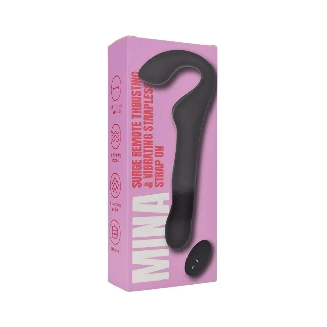 Vibrator dublu MINA Surge Remote. strap-on fără ham. control prin telecomandă. 3 funcții de penetrare automată. 23.8 cm. negru