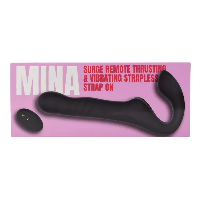 Vibrator dublu MINA Surge Remote. strap-on fără ham. control prin telecomandă. 3 funcții de penetrare automată. 23.8 cm. negru