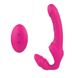 Vibrator dublu TOYZ4LOVERS Elys Love Gun. strap-on fără ham. control prin telecomandă. cu vibrații multiple. 21.8 cm. roz