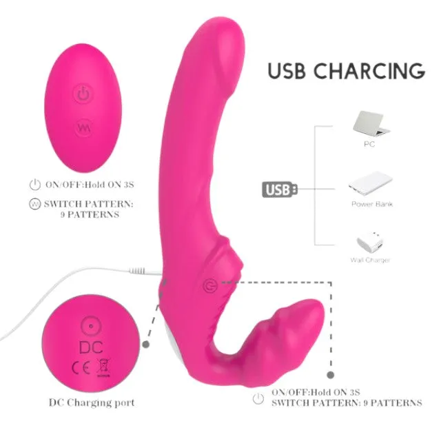 Vibrator dublu TOYZ4LOVERS Elys Love Gun. strap-on fără ham. control prin telecomandă. cu vibrații multiple. 21.8 cm. roz